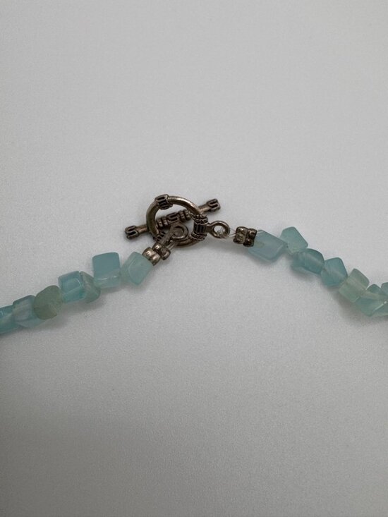 Aqua Satin Glass Double Strand Necklace 20” Twisted Beaded Vintage Style - Picture 3 of 7